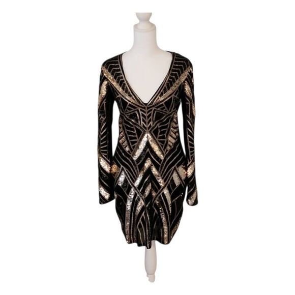 EXPRESS Black Metalic Sequined Long Sleeve Mini Dress Womens Small - Picture 5 of 7